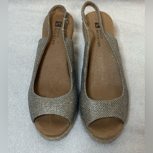 White Mountain Espadrille Wedge Peep Toe Slingback Metallic Glitter Size 6M - Picture 1 of 8
